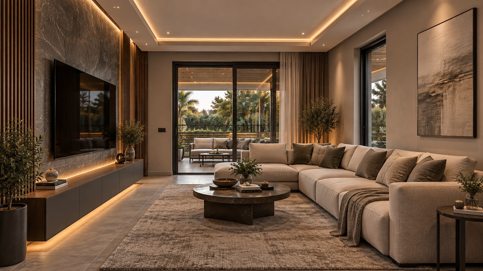 Alaca Villa — Villa iç mekânı; salon, mutfak ve banyo — özel mobilya ve doğal taş