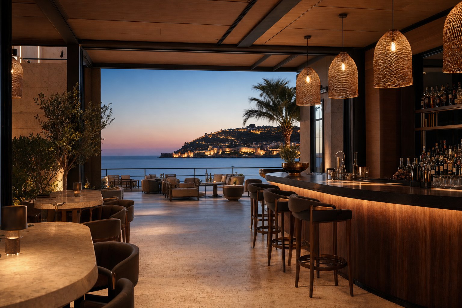 Alanya Sahil — Sahil restoranı; bar, iç mekân ve özel mobilya